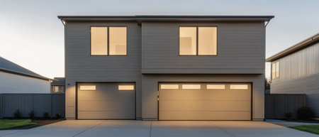 A contemporary dual-garage structure stands prominently at dusk illuminated by light radiating from large windows emphasizing its modern design and clean lines.の素材