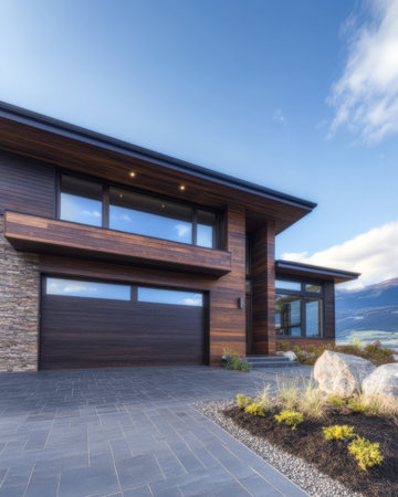 A contemporary wooden house showcases sleek architecture against a backdrop of mountains and a clear sky. Large windows enhance the outdoor views.の素材