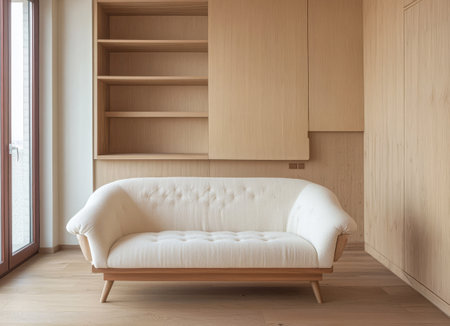 A spacious and inviting living room featuring a plush light-colored sofa and minimalist wooden shelving. Bright natural light enhances the warm atmosphere of the space.の素材