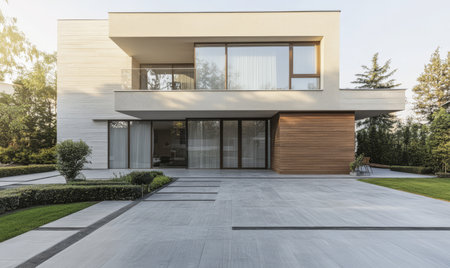 A contemporary two-story house showcases sleek lines and a mix of materials. Large windows allow natural light while well-maintained landscaping enhances the tranquil environment.の素材