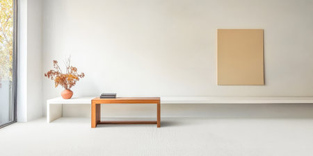 Bright room featuring beige walls and a wooden table complemented by a simple vase of dried flowers. Sunlight filters through large windows creating an airy atmosphere.の素材