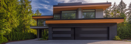 A contemporary two-story house features expansive windows and wooden accents surrounded by lush green trees and a paved driveway under clear blue skies during the day.の素材