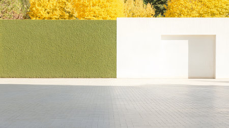 A minimalist outdoor area features a vibrant green hedge contrasting against a white wall. The ground is paved with light-colored tiles and autumn trees surround the space adding warmth.の素材