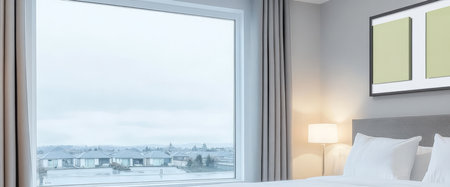A cozy bedroom features a large window that offers a view of a tranquil neighborhood. Soft lighting enhances the serene atmosphere making it an inviting space for relaxation.の素材