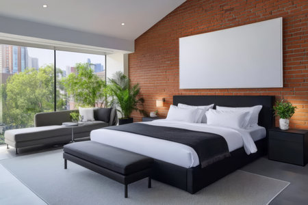 A stylish bedroom features a spacious layout with a king-size bed large windows offering a city view and greenery enhancing the atmosphere. Soft natural light fills the area.の素材