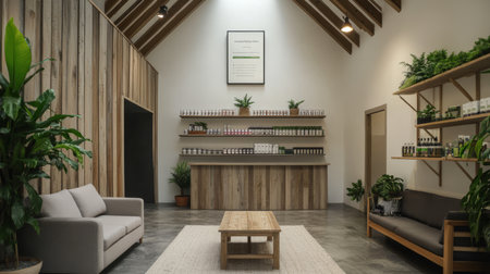 A spacious wellness shop highlights wood-paneled walls potted plants and a minimalistic design. Shelves are neatly arranged with various wellness products creating a calming environment.の素材