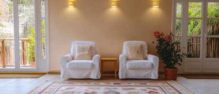 A bright living area features two white chairs and a small table accompanied by a plant. Soft lighting and a colorful rug enhance the tranquil atmosphere inviting relaxation.の素材