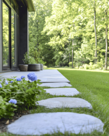 A serene garden pathway features smooth stone stepping stones and blue hydrangeas alongside a well-kept lawn. Tall trees create a peaceful backdrop near a modern house.の素材