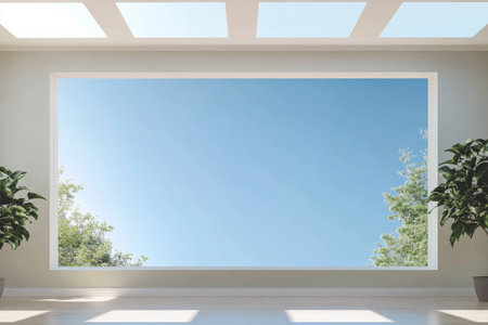 Sunlight streams into a spacious interior through a large window framed by lush indoor plants. The clear blue sky creates a peaceful atmosphere enhancing the rooms tranquility.の素材