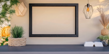 A modern decor setup showcases a blank black frame on a neutral wall surrounded by greenery and minimalist accessories. Warm light enhances the inviting atmosphere.の素材