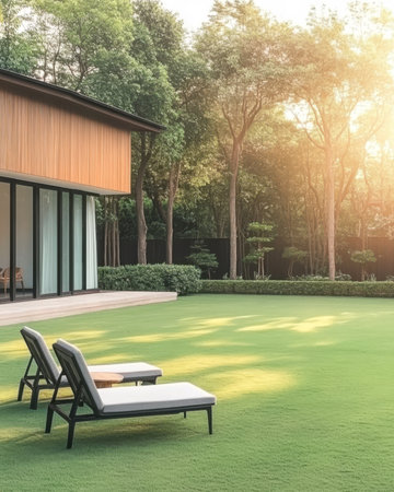 Two lounge chairs are positioned on a green lawn surrounded by trees. The setting sun casts a warm glow creating a peaceful atmosphere in the garden.の素材