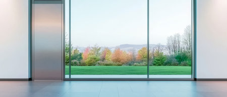 Bright open space features large glass windows showcasing a lush green landscape. Gentle sunlight illuminates the interior highlighting the modern design elements.の素材