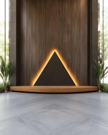 A serene indoor space showcases a dark wooden wall with a glowing triangular light installation. Lush greenery and a wooden platform enhance the contemporary aesthetic creating a tranquil atmosphere.の素材