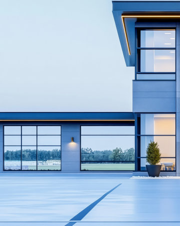 A contemporary building with large windows and minimalist features stands against a twilight sky. The orderly facade reflects modern aesthetics complemented by a tranquil green landscape.の素材