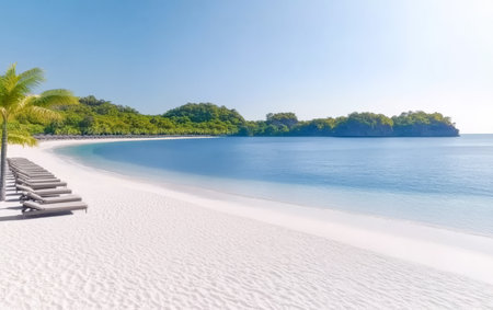 Soft white sand curves around tranquil blue water as lounge chairs line the shore surrounded by lush greenery. The bright sky adds to the serene atmosphere of this tropical destination.の素材
