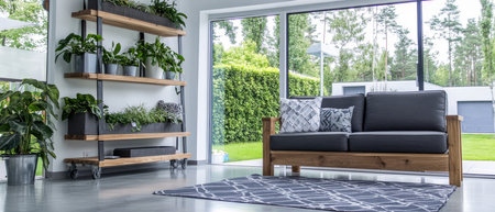 A stylish living room features a comfortable black sofa and a wooden shelf filled with greenery. Large windows offer a view of a lush garden creating a tranquil atmosphere.の素材