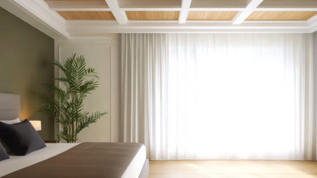 Bright and airy bedroom with large curtains letting in sunlight. A comfortable bed with dark pillows and a decorative indoor plant enhance the tranquil atmosphere of the room.の素材