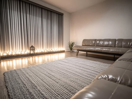 A spacious living room features a sleek leather sofa and a cozy area rug. Soft lighting illuminates the space enhancing the minimalist design. A plant adds a touch of nature to the serene atmosphere.の素材