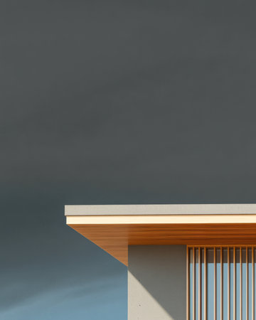A contemporary building with a wooden overhang showcases minimalist design. Dark clouds loom above creating a striking contrast against the clean lines and textures of the structure.の素材