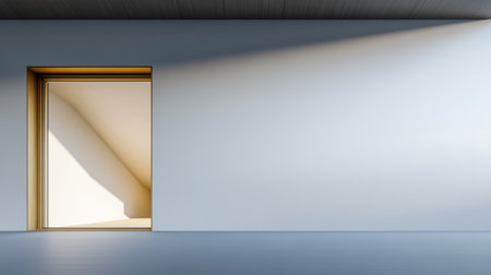 Bright sunlight filters into a minimalist room through an open door highlighting the clean lines and simple design.の素材