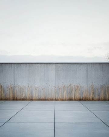 A vast empty space showcases a concrete wall with a pale gray color. The ground features smooth tiles while dry grass grows along the base hinting at an abandoned or neglected area.の素材