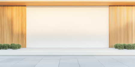 This modern outdoor stage features a sleek white backdrop with wooden paneling and neatly trimmed bushes. It offers an elegant setup for performances and presentations in a spacious environment.の素材