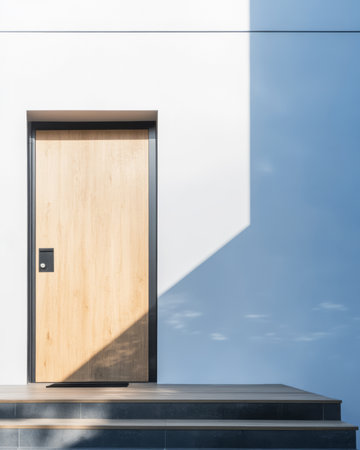 A modern entrance door features a wood finish set against a stark white wall. The sunlight casts a shadow enhancing the minimalistic design.の素材