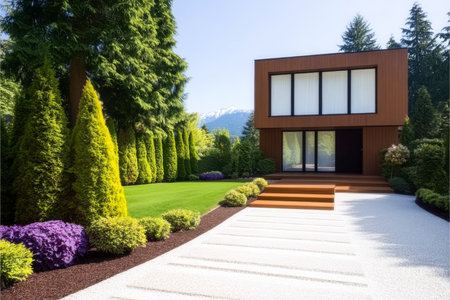 A contemporary two-story house features large windows and an angular design surrounded by carefully manicured greenery and colorful flowers in a serene outdoor space.の素材