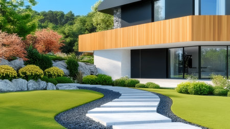 A modern residence showcases large windows and a wooden overhang. A winding stone pathway leads through a beautifully landscaped garden with vibrant plants under a clear blue sky.の素材