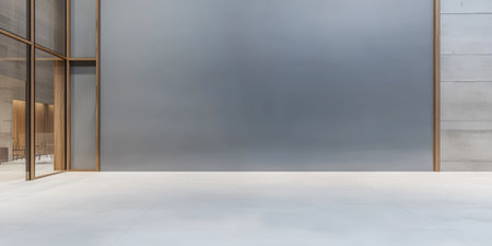 A spacious minimalist design features a simple floor smooth walls and expansive glass windows. The neutral palette emphasizes openness and tranquility in the contemporary environment.の素材