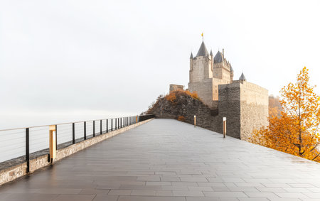 A majestic castle stands on a hilltop surrounded by stunning autumn trees. A sleek walkway leads visitors toward the castle providing a blend of history and contemporary design.の素材
