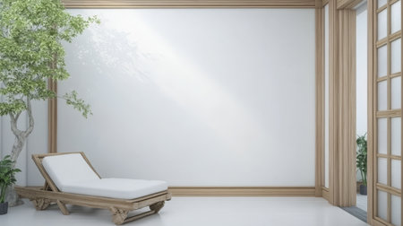 This serene indoor area features a light-colored wooden lounge chair positioned near a large bright window. A potted tree enhances the tranquil atmosphere perfect for relaxation during the day.の素材