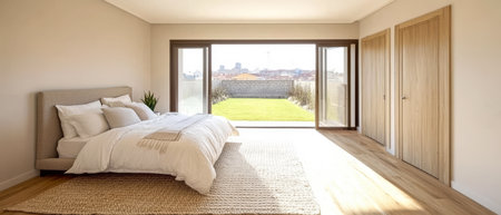 A cozy bedroom features a comfortable bed with soft linens a natural rug on wooden flooring and expansive sliding doors opening to a lush outdoor area. Sunlight fills the room.の素材