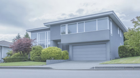 A contemporary gray house showcases large windows and a spacious garage. Surrounded by well-kept greenery the beautiful architecture reflects a tranquil suburban lifestyle under cloudy skies.の素材