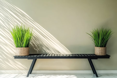 A sleek black bench sits against a light-colored wall adorned with two baskets of vibrant green plants. Soft shadows from the plants create an inviting atmosphere in the space.の素材