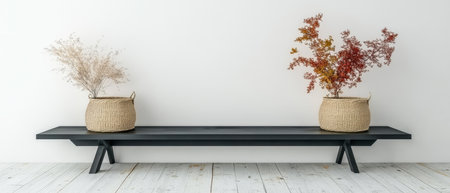 A sleek black bench showcases two woven baskets filled with vibrant dried flowers in warm colors.の素材