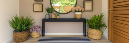 A stylish entryway showcases a round mirror a sleek table and various potted plants in woven baskets creating a welcoming atmosphere in a contemporary home.の素材