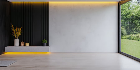 A well-lit room features sleek black and white walls with wooden flooring. Large windows invite greenery outside enhancing the minimalist aesthetic complemented by simple decor elements.の素材