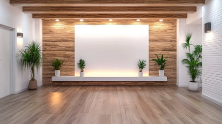 A spacious minimalist room features wooden beams and panels with potted plants adorning the corners.の素材