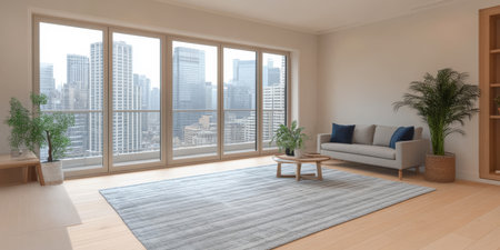 Bright and spacious living room features large windows overlooking a city skyline. A neutral sofa rests on a soft rug complemented by indoor plants and natural light streaming in.の素材