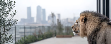A majestic lion stands on a sleek balcony observing a distant city skyline shrouded in clouds. The urban backdrop contrasts with the lions natural beauty creating a striking visual.の素材