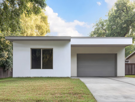 Newly constructed single-story house showcasing a minimalist design. The garage is attached and the well-maintained lawn adds to the modern aesthetic.の素材