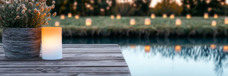 A serene waterfront setting features a potted plant and candle on a wooden surface. In the background soft lantern light reflects on the water during twilight creating a peaceful atmosphere.の素材