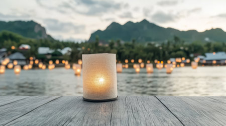 A serene evening features illuminated lanterns drifting on the water while mountains rise in the background. The scene captures a tranquil atmosphere perfect for relaxation and contemplation.の素材