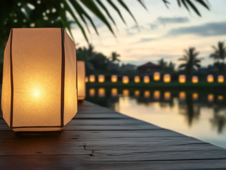 Soft lantern light reflects on the calm water surface during sunset at a serene lakeside location surrounded by lush palm trees and peaceful nature creating a relaxing atmosphere.の素材