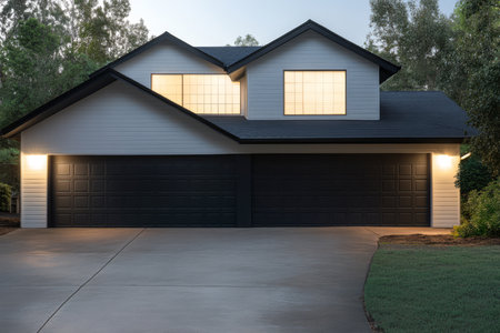 A contemporary house stands in a tranquil neighborhood featuring dark garage doors and warm light emanating from the upper windows as twilight descends highlighting the sleek architecture.の素材
