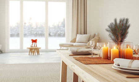 A beautifully arranged dining table showcases candles and greenery while a soft couch and snowy landscape create a warm winter atmosphere in the room.の素材