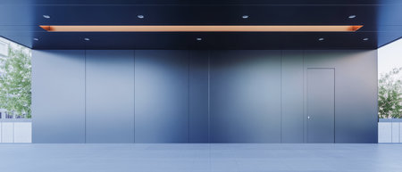 An open space within a modern building features sleek lines and a minimalistic design. Natural light filters in enhancing the cool tones of the walls and flooring creating a serene atmosphere.の素材