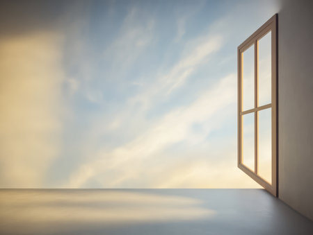 An open window allows a beautiful view of a calm sky accentuated by soft clouds at dusk. The light casts a warm glow on the interior space creating a peaceful atmosphere.の素材
