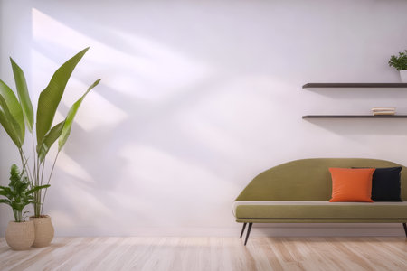 A stylish living area features a green curved sofa with vibrant cushions paired with indoor plants. Natural light enhances the minimalist decor promoting a calm atmosphere.の素材